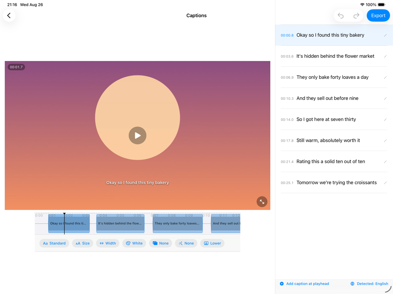 CapiCap on a 13-inch iPad in landscape: the video preview with burned-in captions on the left, the full transcript as an editable list on the right
