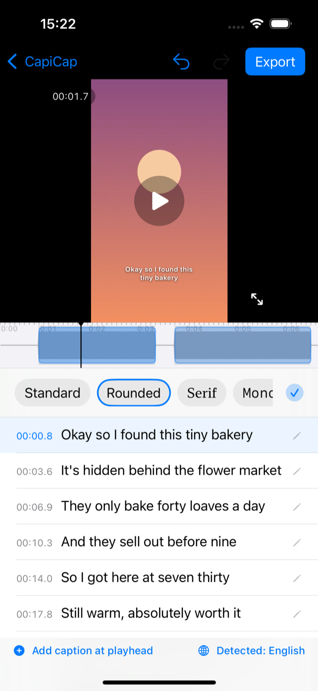 CapiCap editor showing a video preview with burned-in captions and font style options